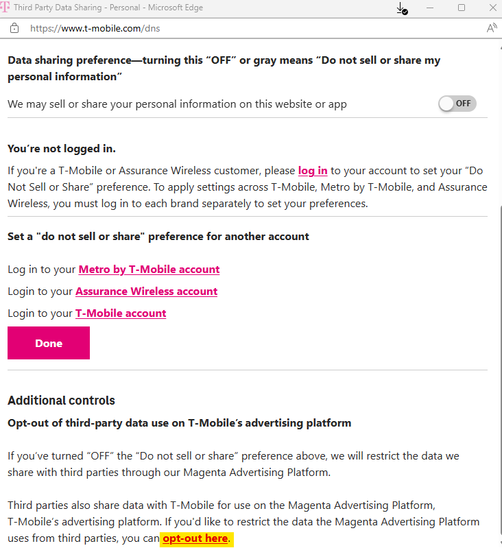 T-Mobile opt out link