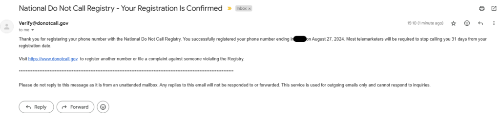 National DNC List email telling you when you registered 