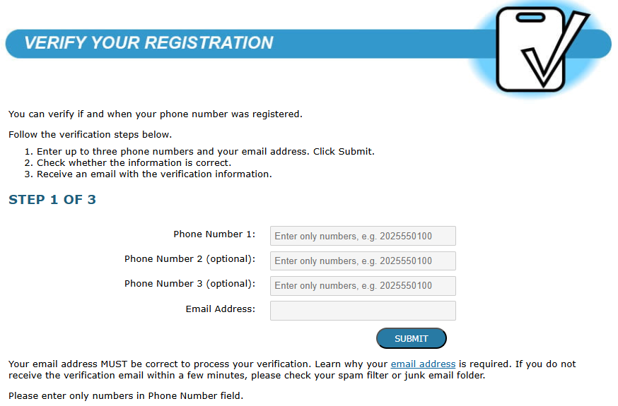 Verify your national DNC registration step 1 of 3