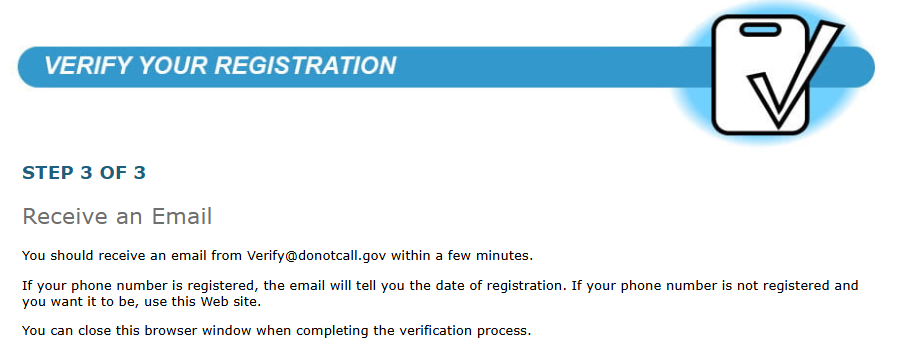 Verify your national DNC registration step 3 of 3