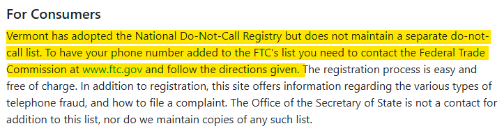 Information about the Vermont Do Not Call List