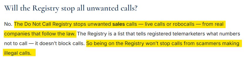 Information on whether registering for the national DNC List will stop all unwanted calls 