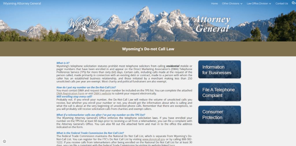 Wyoming Do Not Call Law homepage 