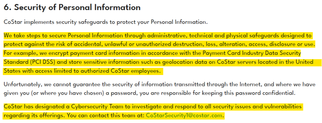 Apartments.com 'Security of Personal Information' privacy policy section 