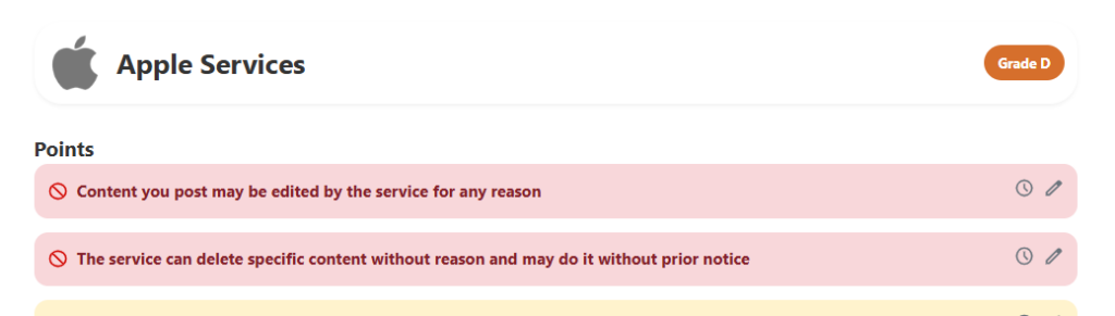 Terms of Service; Didn't Read - Apple Services (Grade D). 