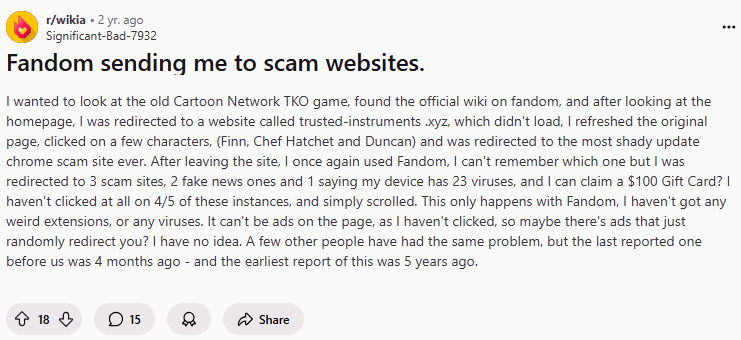 Reddit post - 'Fandom sending me to scam websites' 