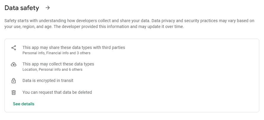 Keepsafe "Data safety" section on Google Play