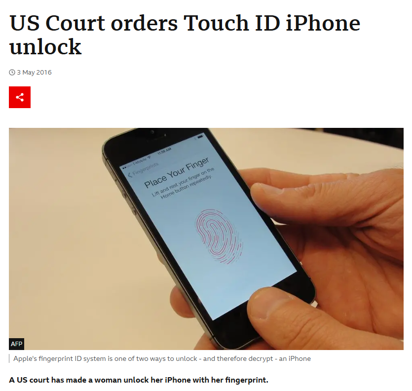 "US Court orders Touch ID iPhone unlock" headline 