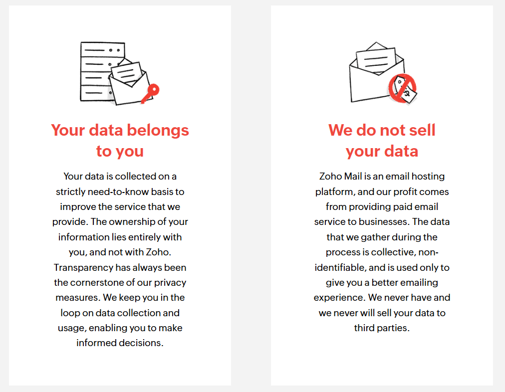 Zoho Mail privacy ('Your data belongs to you' & 'We do not sell your data').