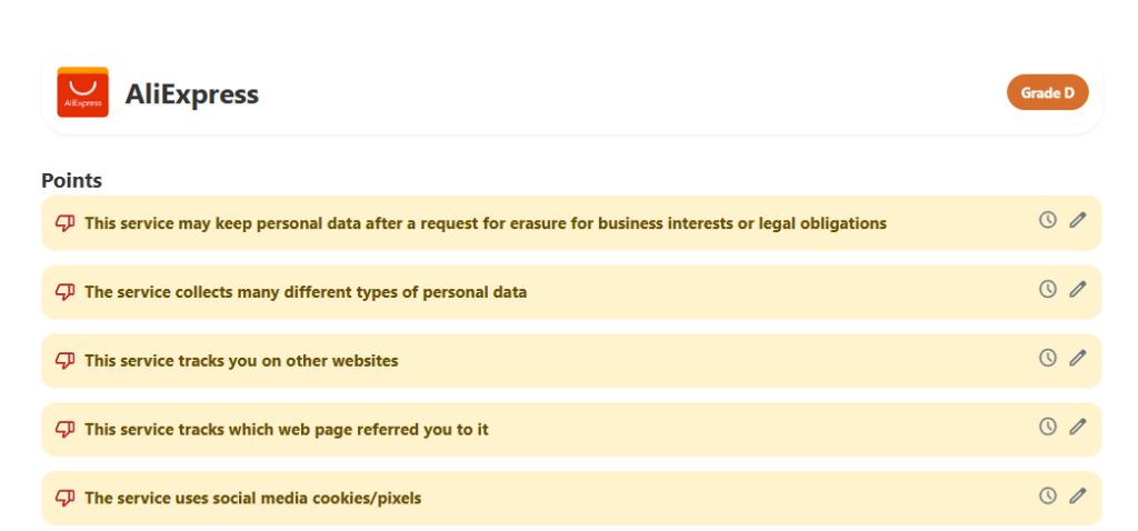 AliExpress privacy policy rating