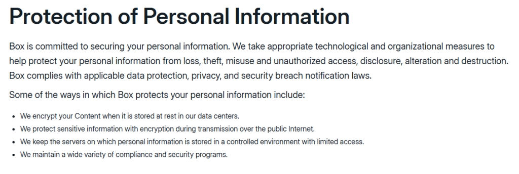 Box.com 'Protection of Personal Information' 