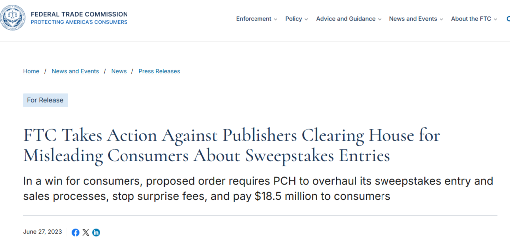 "FTC Takes Action Against Publishers Clearing House for Misleading Consumers About Sweepstake Entries"