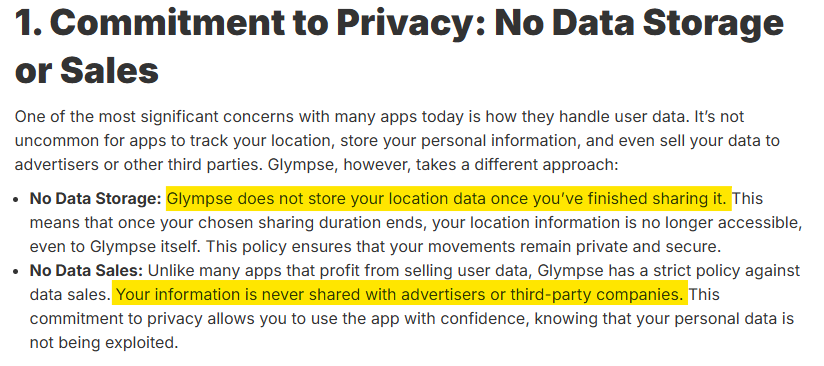 Glympse 'Commitment to Privacy: No Data Storage or Sales' 