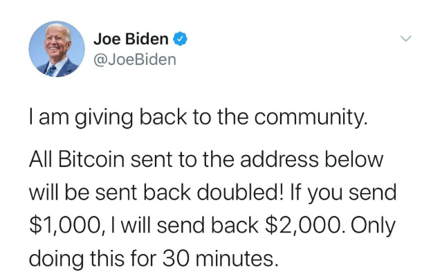 Fake Joe Biden Twitter post about Bitcoin