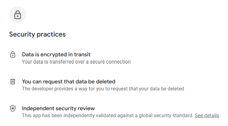 Shein security practices according to its Google Play page