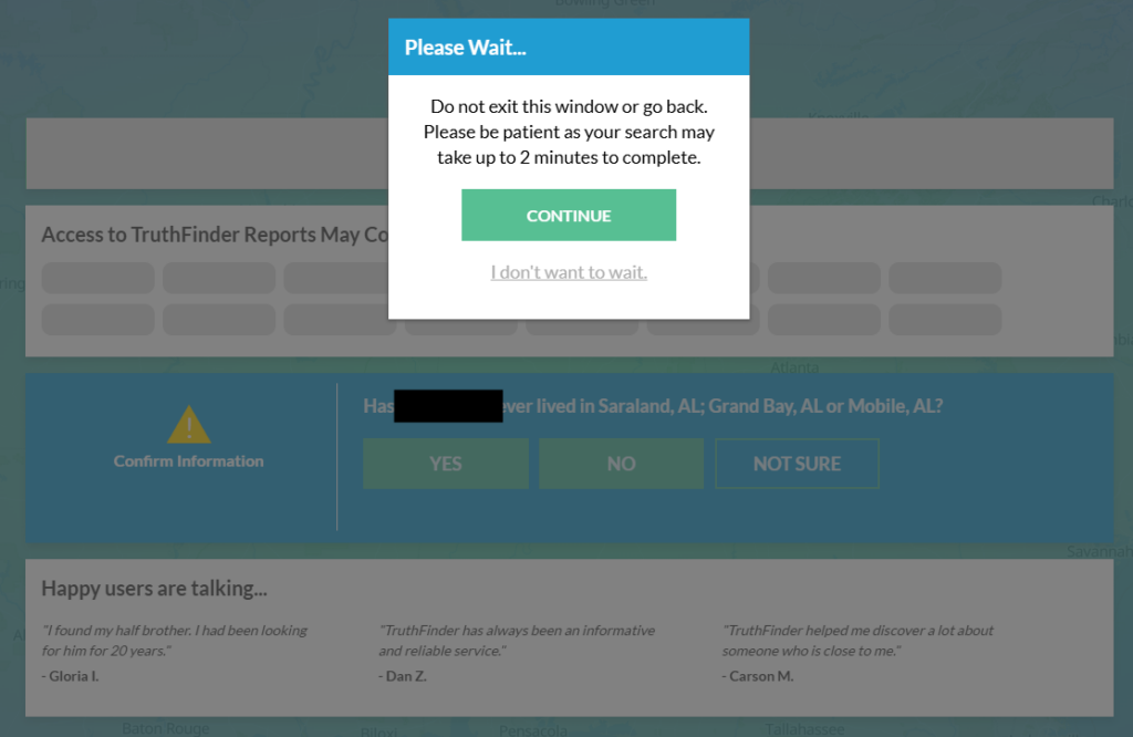 TruthFinder fake search, making you wait