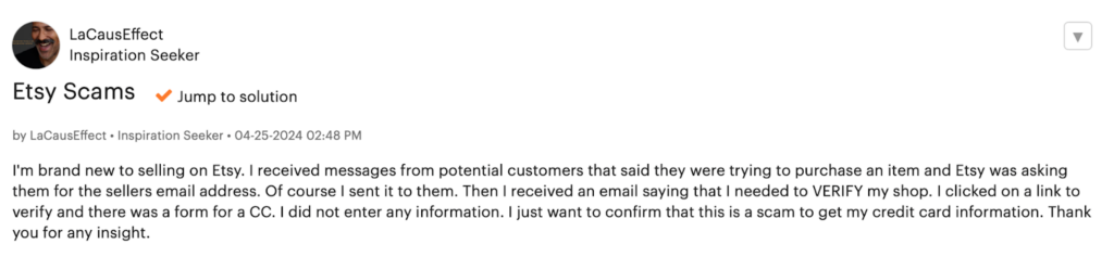 Forum post about Etsy seller being targeted by a scammer