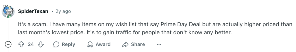 Reddit post saying Prime Day is a scam
