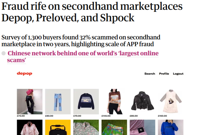 News headline: "Fraud rife on secondhand marketplaces Depop, Preloved, and Shpock" 