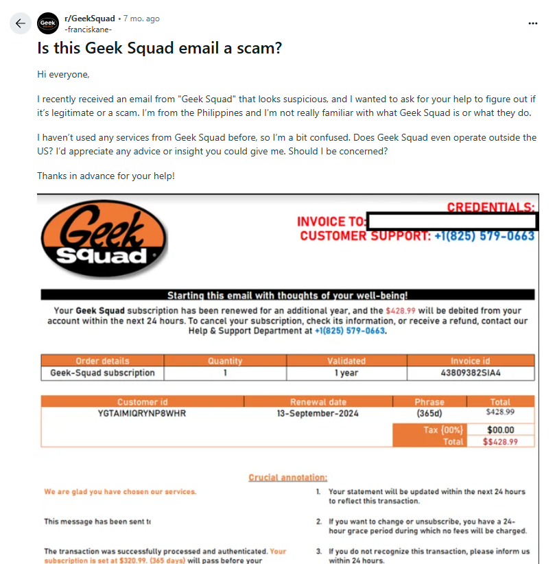 Reddit post - "Is this Geek Squad email scam?"