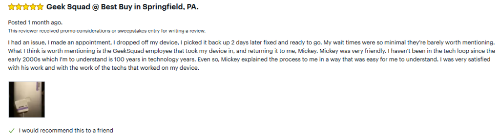 Positive Geek Squad review (location-specific)