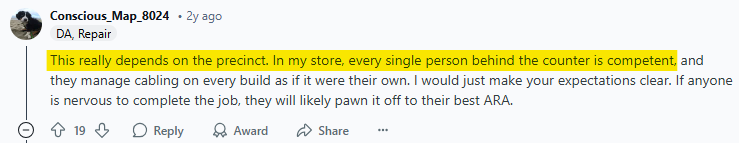 Reddit post saying that whether Geek Squad is good depends on the precinct