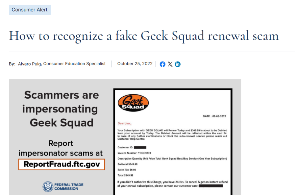 FTC - How to recognize a fake Geek Squad renewal scam