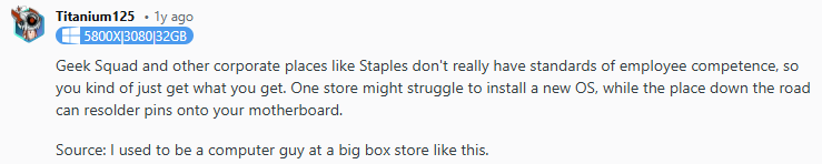 Reddit post about Geek Squad employee competence