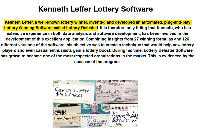 Background information about Lottery Defeater - "Kenneth Leffer Lottery Software"