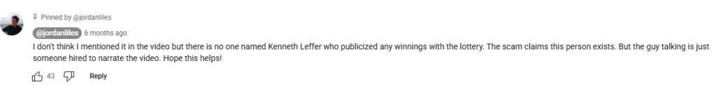 YouTube comment from journalist Jordan Liles under their video about Lottery Defeater