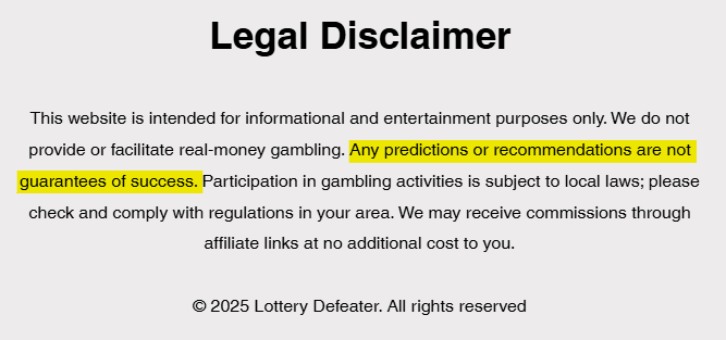 Lottery Defeater legal disclaimer