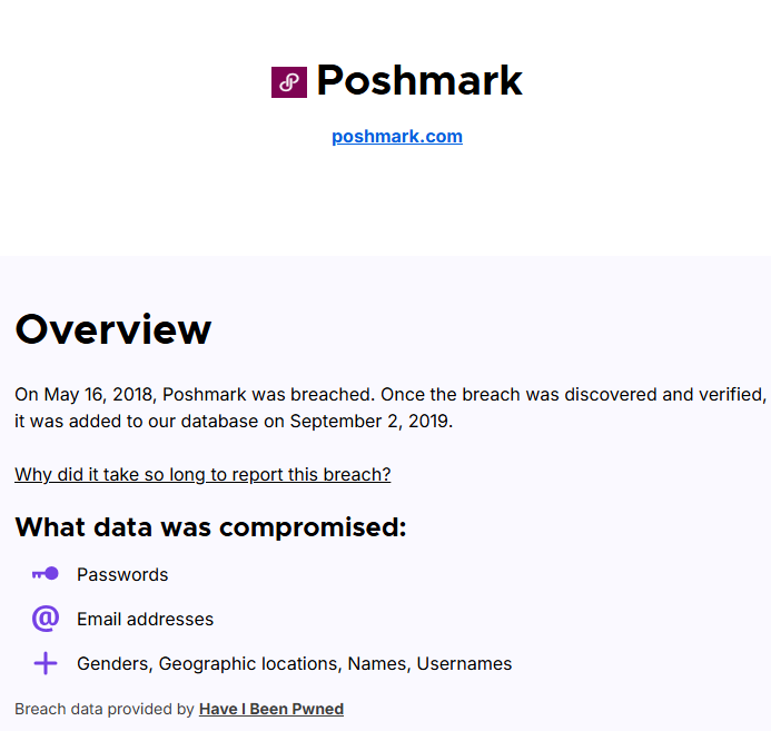 Information about Poshmark 2018 breach