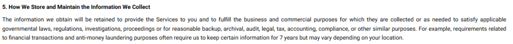 "How we store and maintain the information we collect" section in Poshmark's privacy policy