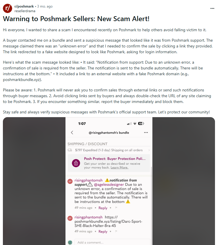 Reddit post - "Warning to Poshmark Sellers: New Scam Alert!" 