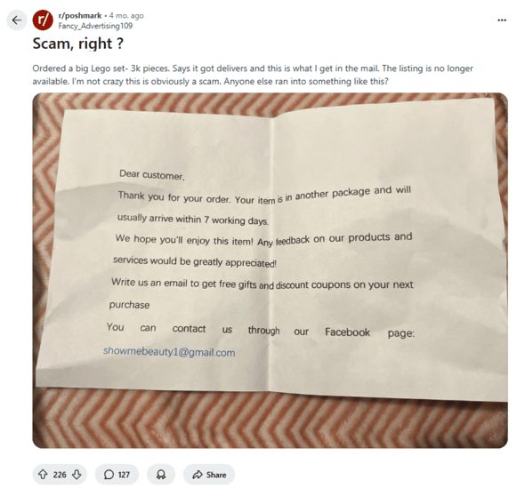Reddit post about a Poshmark delivery scam