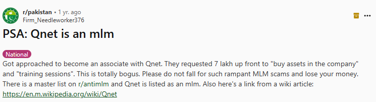 Reddit post "PSA: Qnet is an mlm"