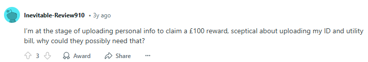 Reddit post from a user saying they're about to upload their personal info to claim a £100 reward but are worried about uploading their ID and utility bill