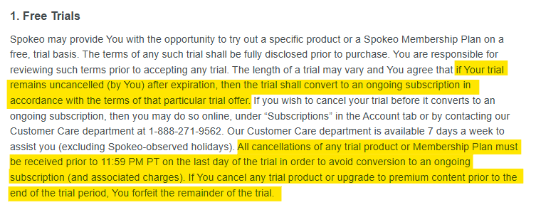 Spokeo information about its free trials