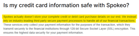 "Is my credit card information safe with Spokeo?"