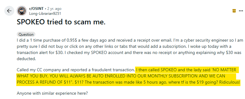 Reddit post - "Spokeo tried to scam me"