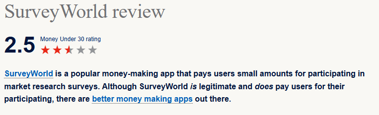 Survey World review from 'Money Under 30' (2.5 out of 5.0-star rating)