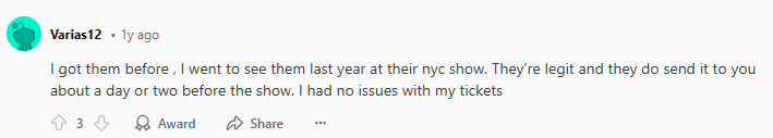 Reddit comment saying Vivid Seats is legitimate
