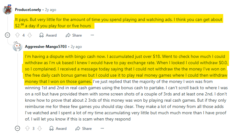 Reddit post about Bingo Cash