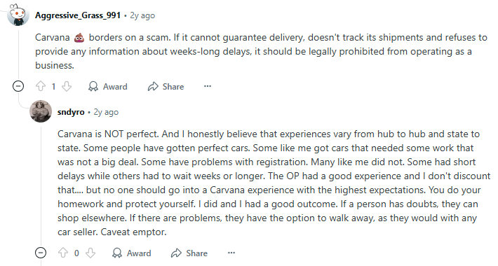 Negative Reddit post about Carvana