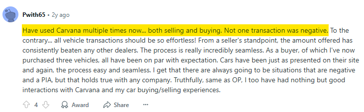 Positive Reddit post about Carvana 
