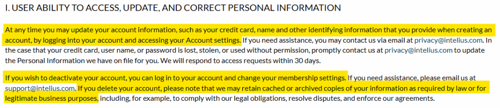 Intelius "User ability to access, update, and correct personal information" 