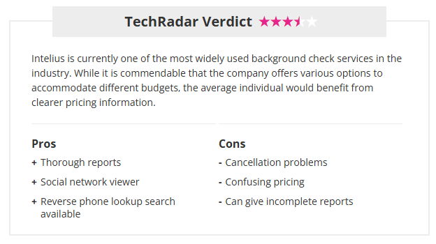 Intelius TechRadar review (3.5 out of 5.0 stars) 