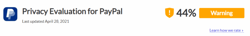 The Common Sense Privacy Program rating for PayPal ("Warning")