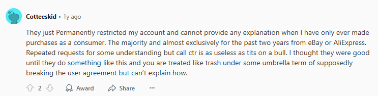 Negative Reddit post about PayPal