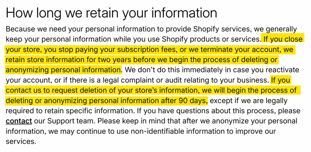 Shopify "How long we retain your information"